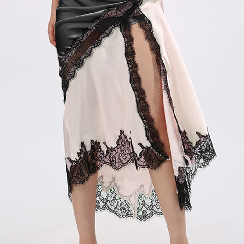 Glorol - High Waist Lace Splice Hollow Slit Skirt
