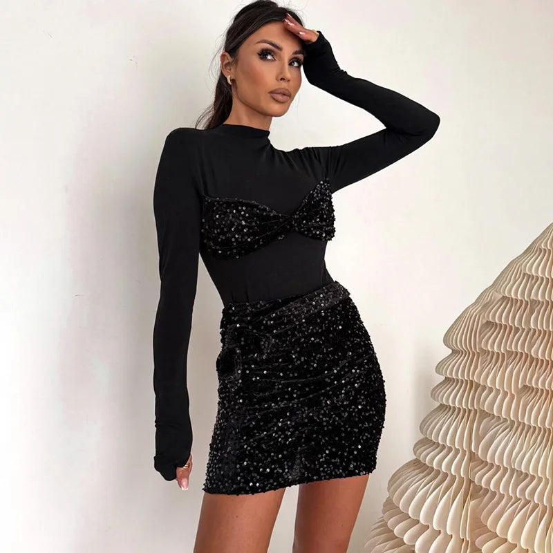 Glorol - Hollow Out High Neck Lace Up Patchwork Mini Dress