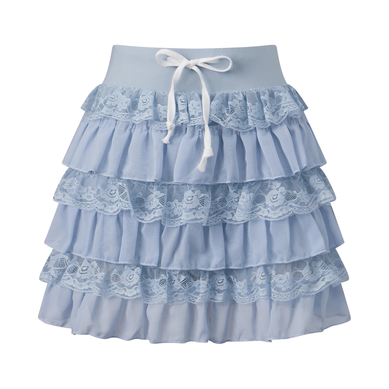 Glorol - Lace Trim Tiered Ruffle Waist Layered Skirt