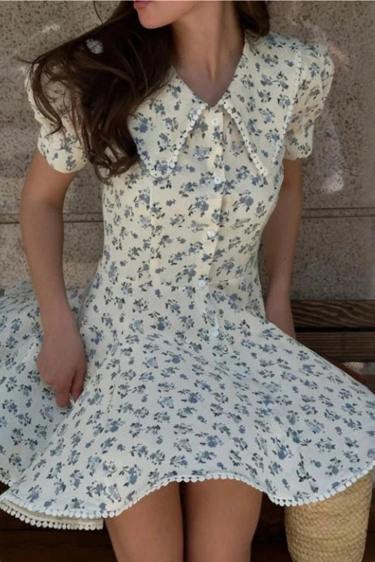 Glorol - Elegant Floral Short-Sleeved Slim Single-Breasted Mini Dress