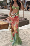 Glorol - Hollow Out Printed Sleeveless Slim Pleated Maxi Dress