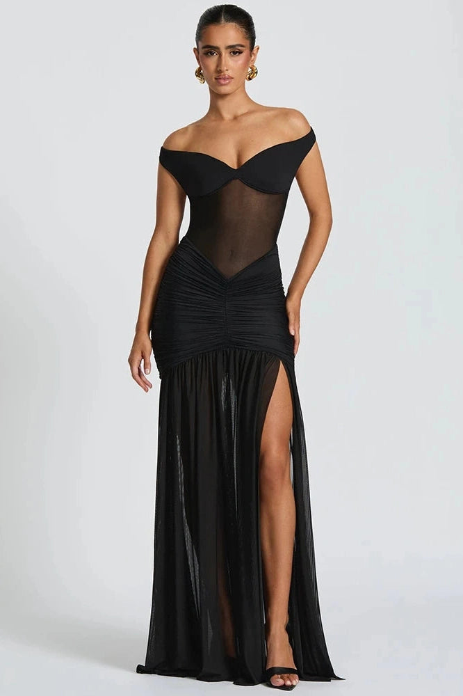 Glorol - Off-Shoulder Backless Sleeveless High Split Maxi Dress