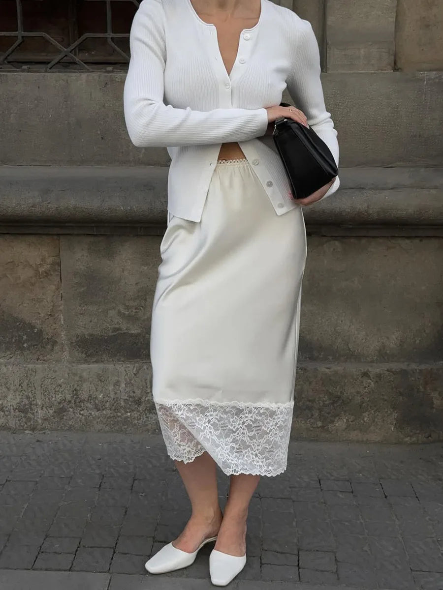 Glorol - High Waist Lace Splice Skirt