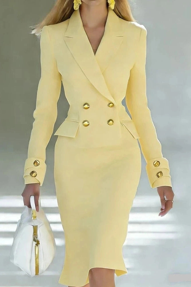Glorol - Elegant Long Sleeve V-Neck High Waist Slim Midi Dress