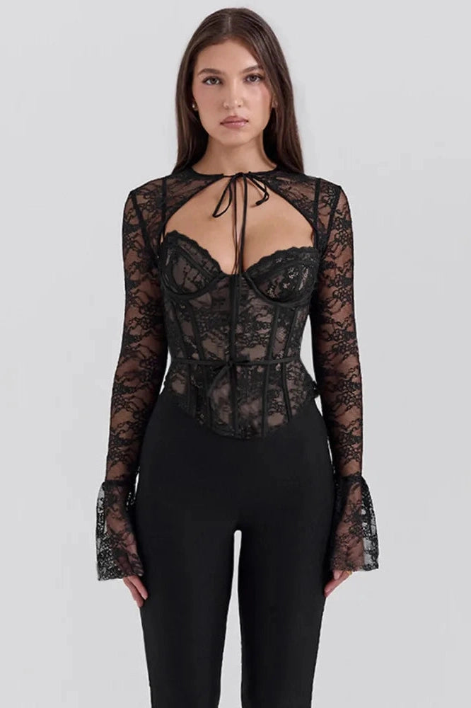 Glorol - Hollow Out Lace Long Sleeve Slim Top