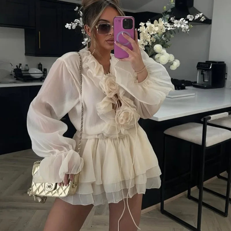 Glorol - See-Through Lace Up Long Sleeve Mini Dress