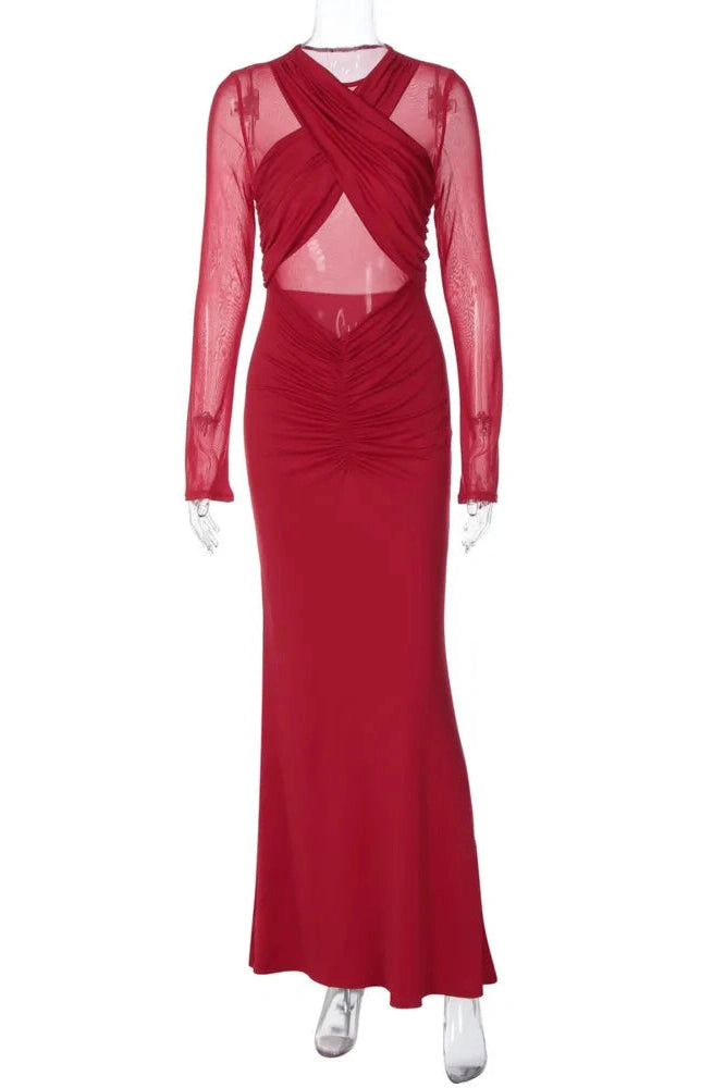 Glorol - Hollow Out Long Sleeve O Neck Bodycon Maxi Dress