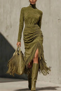 Glorol - Long Sleeve Turtleneck Fit High Waist Midi Dress