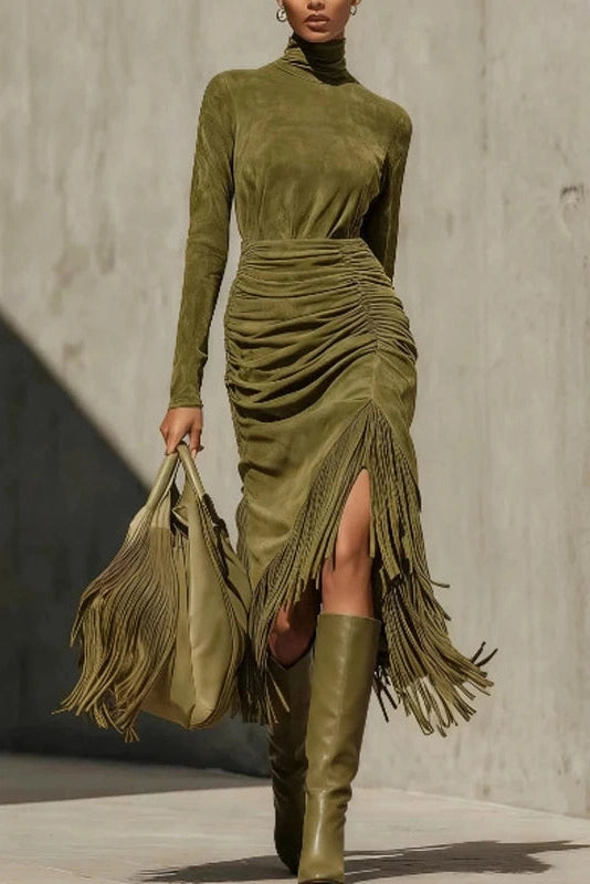 Glorol - Long Sleeve Turtleneck Fit High Waist Midi Dress