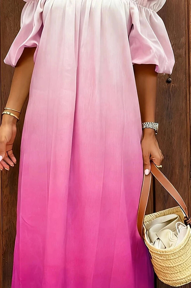Glorol - Off-Shoulder Pleated Loose Slash Collar Printed Maxi Dress