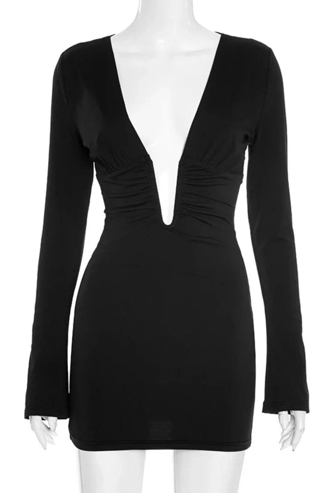 Glorol - Deep V Neck Long Sleeve High Waist Mini Dress