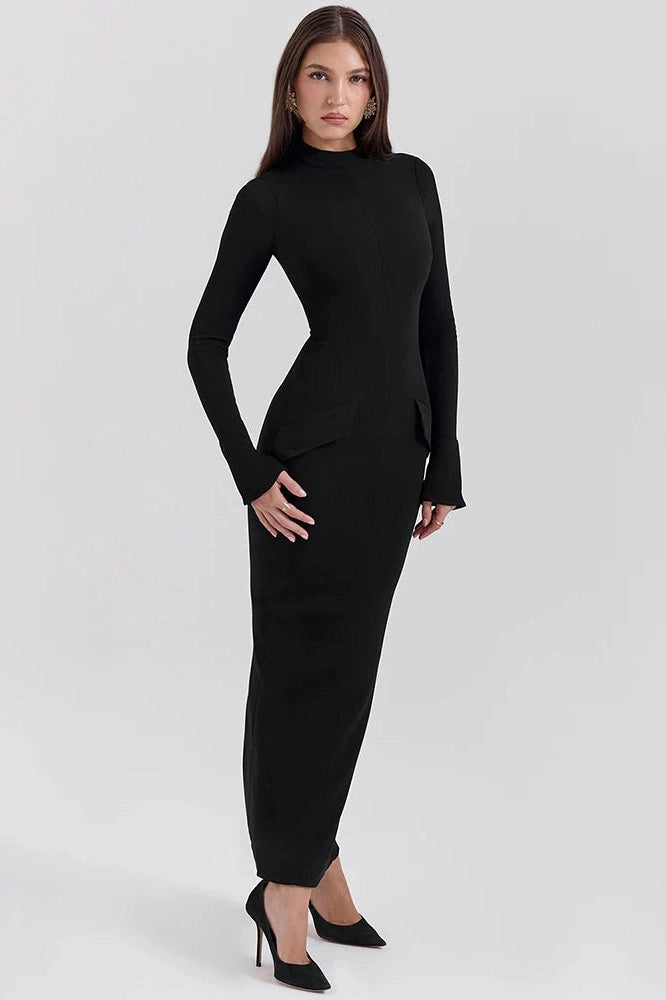 Glorol - Long Sleeve O-Neck Split Bodycon Maxi Dress