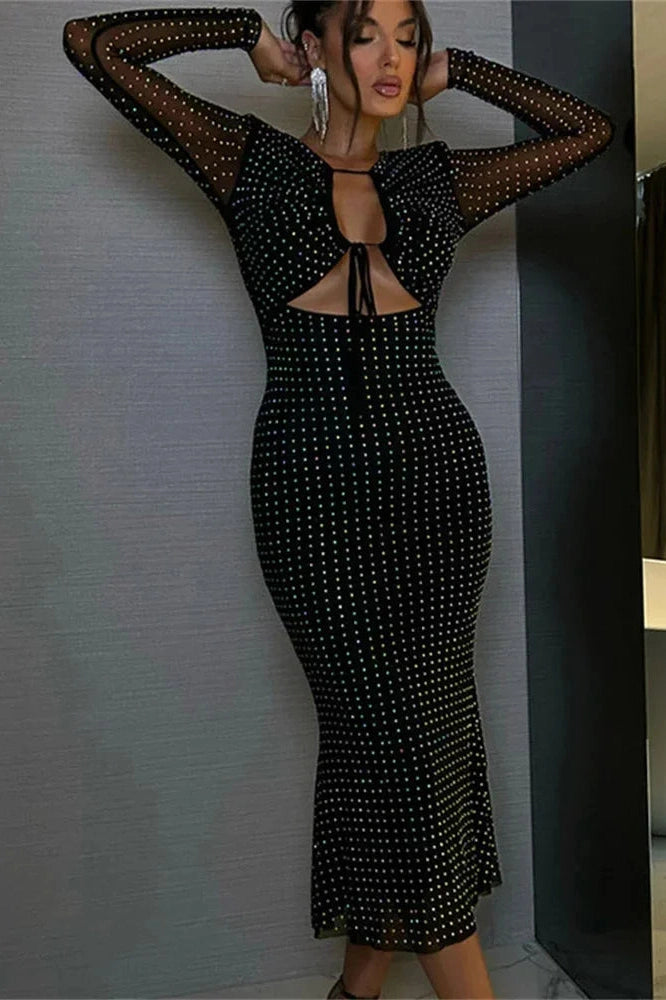 Glorol - Hollow Out Lace-Up High Waist Patchwork Midi Dress