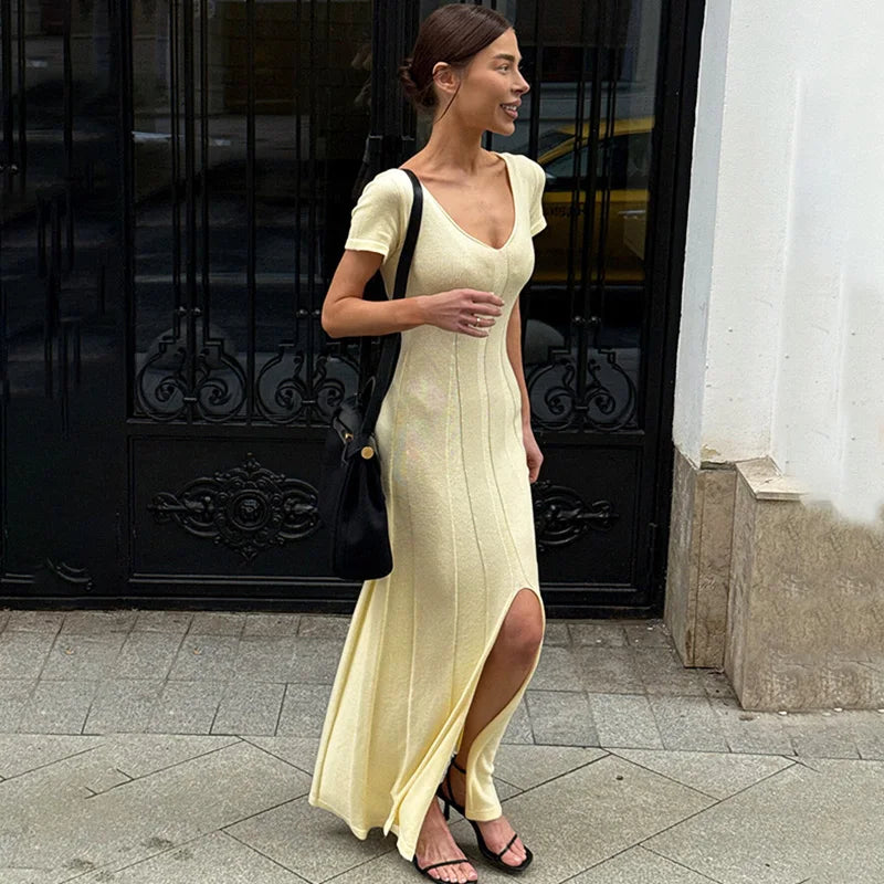 Glorol - Elegant V-Neck Split Patchwork Maxi Dress