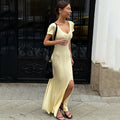 Glorol - Elegant V-Neck Split Patchwork Maxi Dress