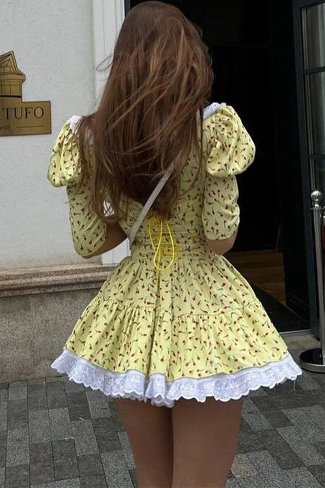 Glorol - Elegant Lace-Up Slim Lace Short Sleeve Mini Dress