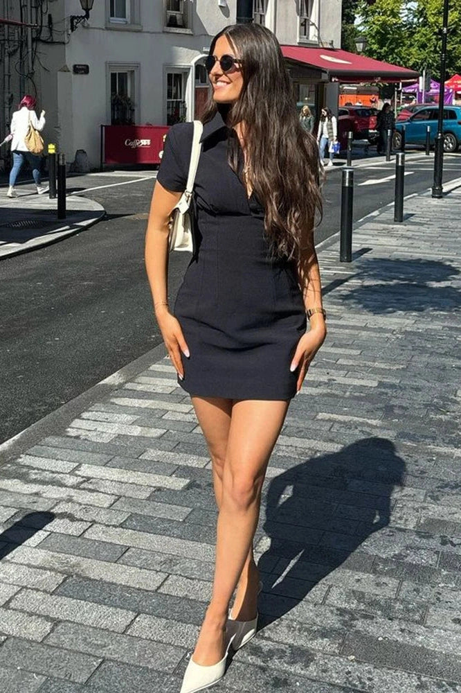 Glorol - Short Sleeve Slim High Waist Patchwork Mini Dress