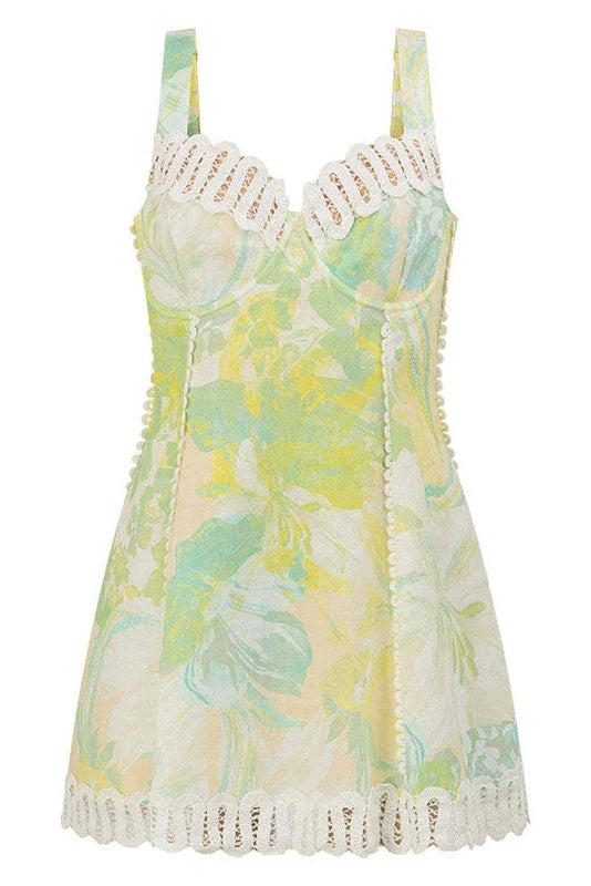 Glorol - Printed Lace Sleeveless High Waist A-Line Pleated Mini Dress