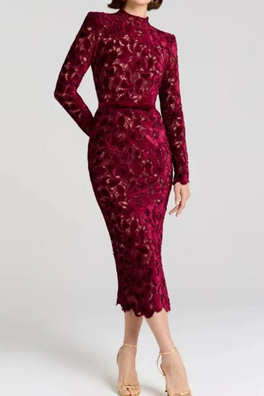 Glorol - Hollow Out Lace Embroidery Long Sleeve High Waist Midi Dress