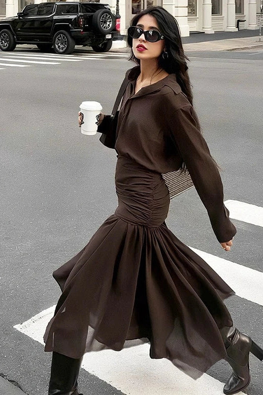 Glorol - Long-Sleeved Pleated Slim High Waist Midi Dress