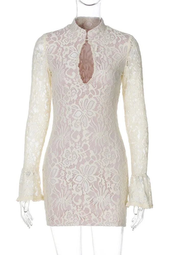 Glorol - Lace Hollow Out Long Sleeve Bodycon Mini Dress