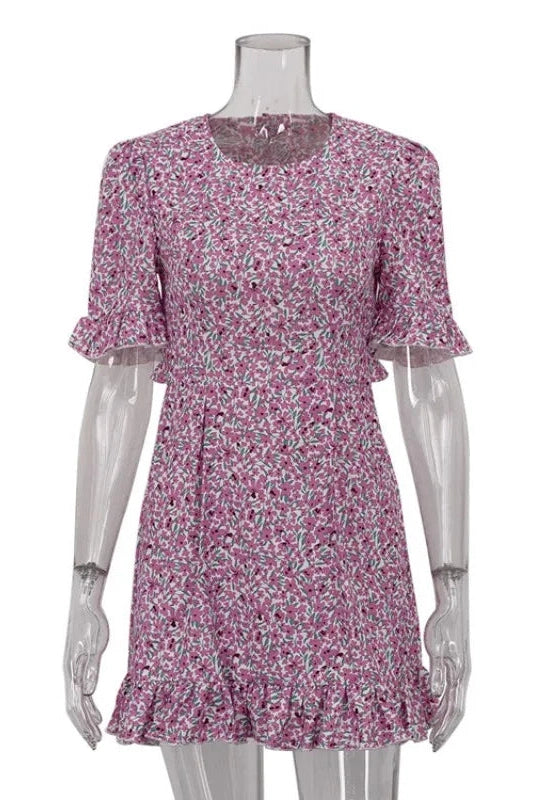 Glorol - Hollow Out Printed Backless Slim Fit Short Sleeve Mini Dress