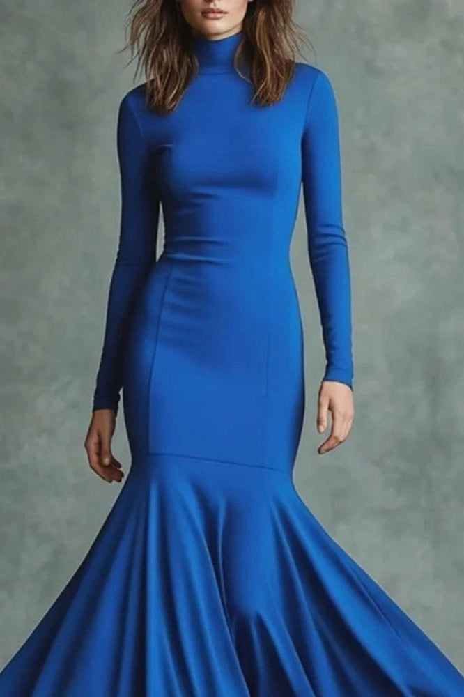 Glorol - Elegant Slim High Waist Turtleneck Long Sleeve Maxi Dress
