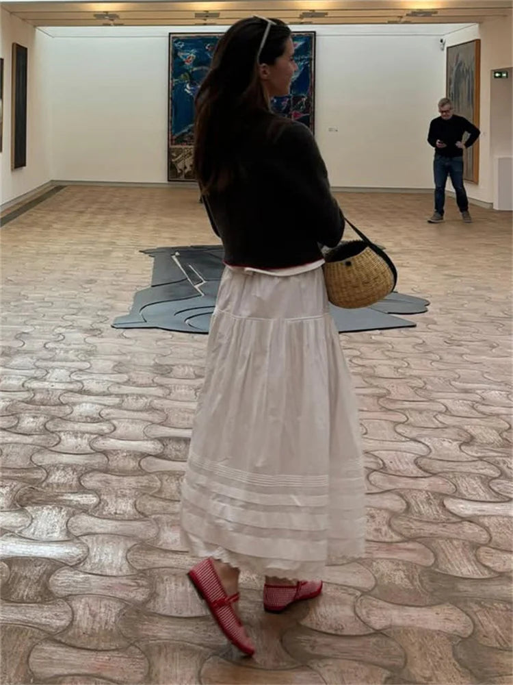 Glorol - High Waist Pleated Loose Lace Skirt