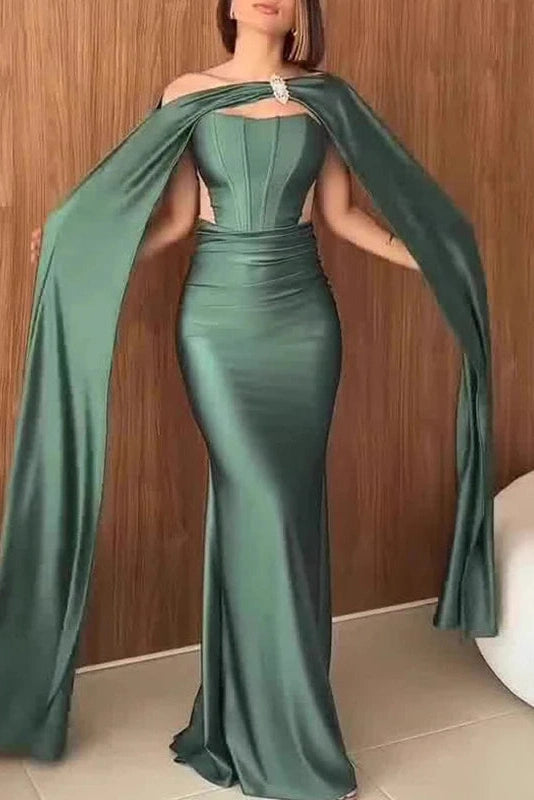 Glorol - Hollow Out Shawl Long Sleeve High Waist Pleated Maxi Dress