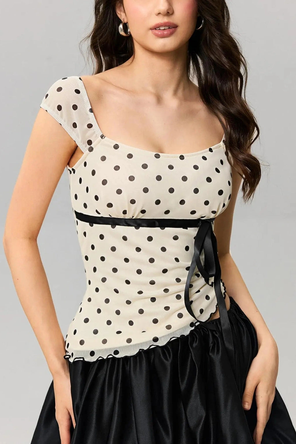 Glorol - Dot Print Slim Fit Square Neck Top