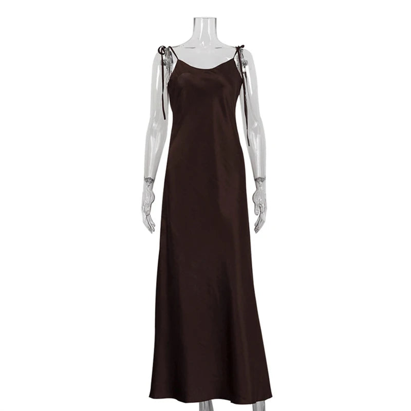 Glorol - Spaghetti Strap Backless Lace Up Slim Maxi Dress