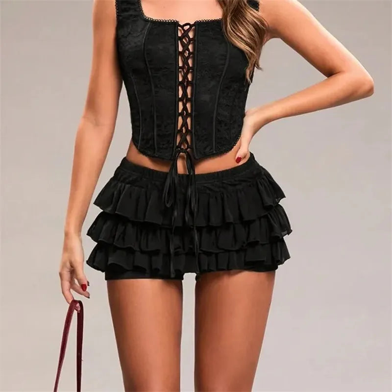Glorol - Pleated Ruffles Layered High Waist Skirt