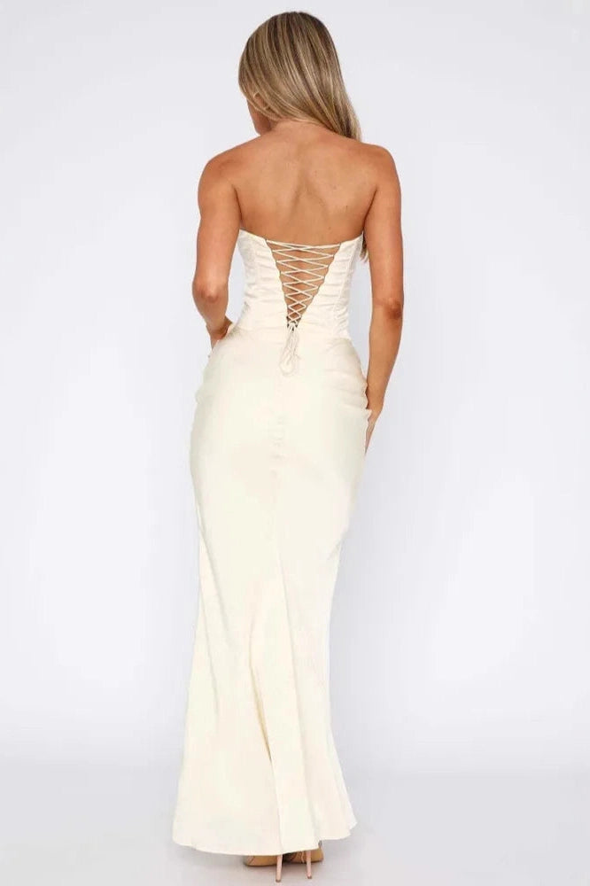 Glorol - Off-Shoulder Strapless Sleeveless Backless Lace-Up Bodycon Maxi Dress