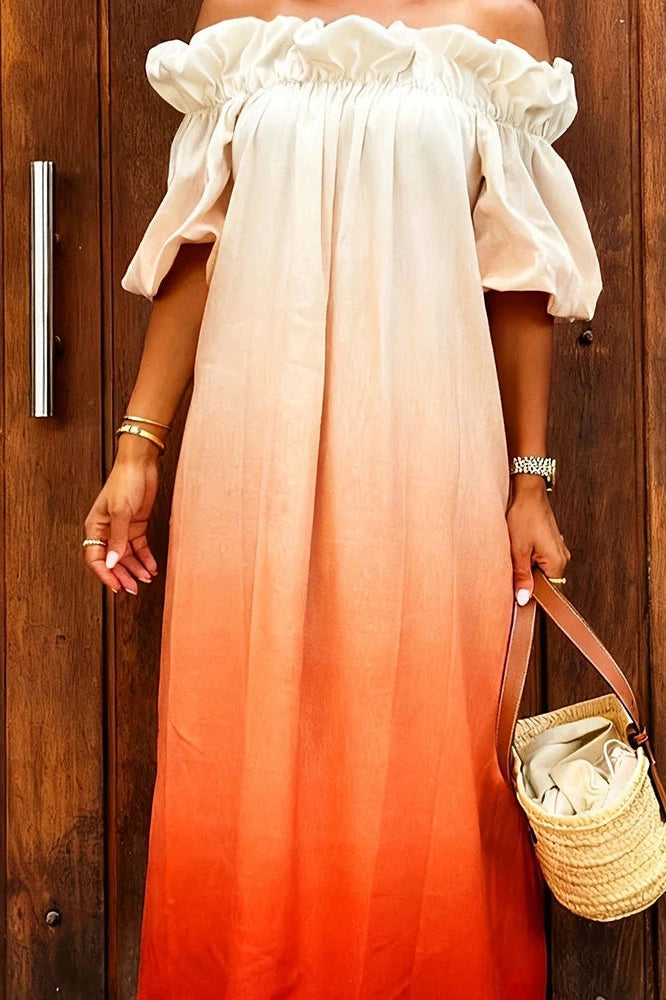 Glorol - Off-Shoulder Pleated Loose Slash Collar Printed Maxi Dress