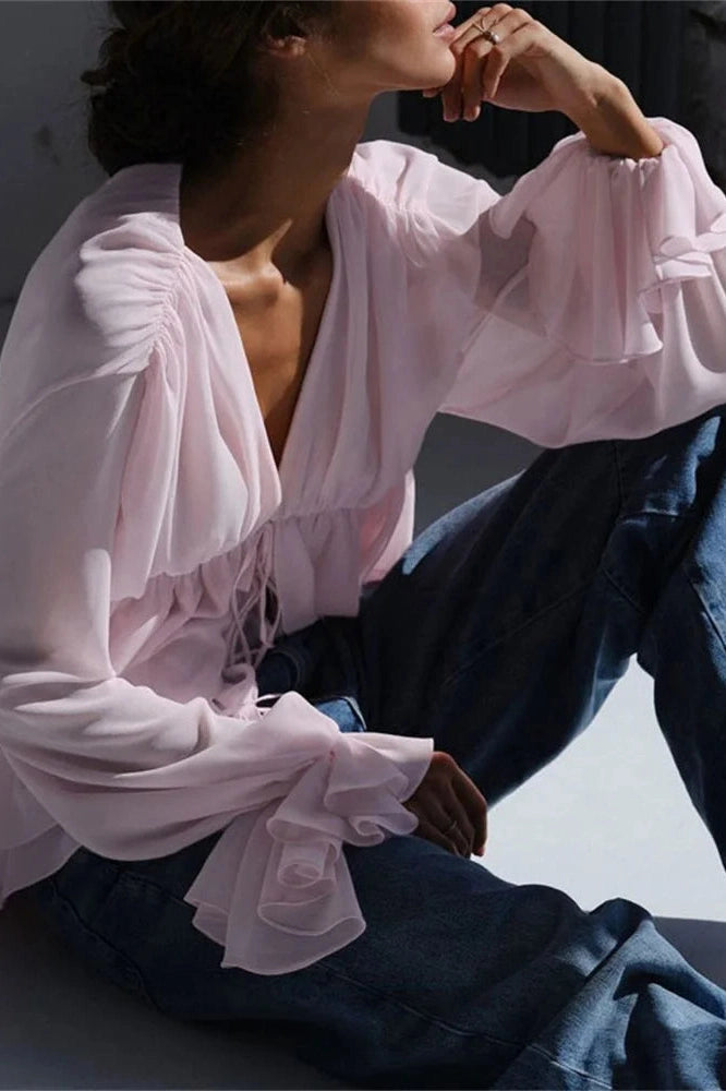 Glorol - Lace-Up V-Neck Loose Patchwork Top