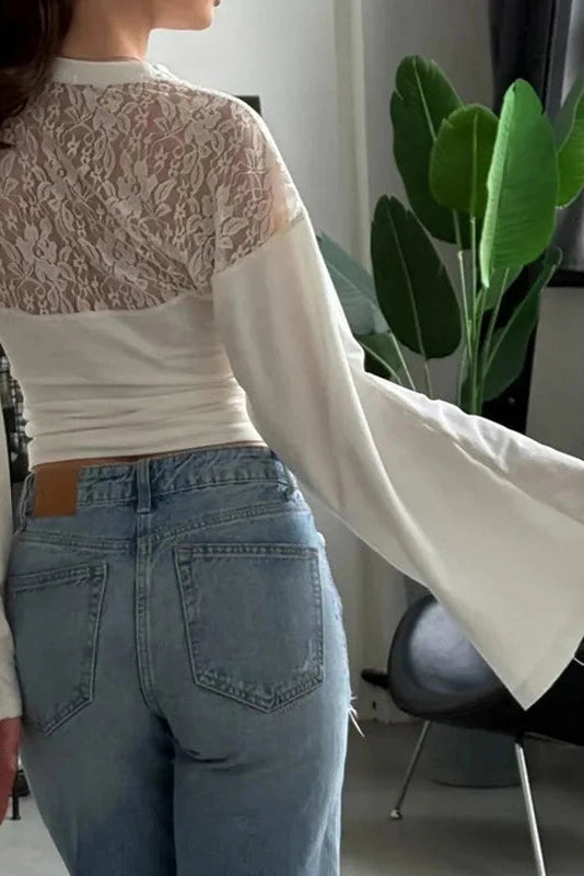 Glorol - Printed Backless Loose Patchwork Long Sleeve Top
