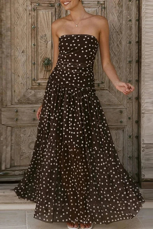 Glorol - Sleeveless Pleated Printed Off-Shoulder Maxi Dress