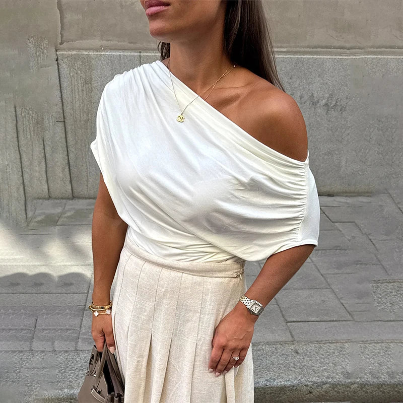 Glorol - One-Shoulder Pleated Short-Sleeve Top