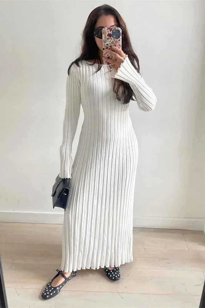 Glorol - Lace-Up High Waist Patchwork Long Sleeve Maxi Dress