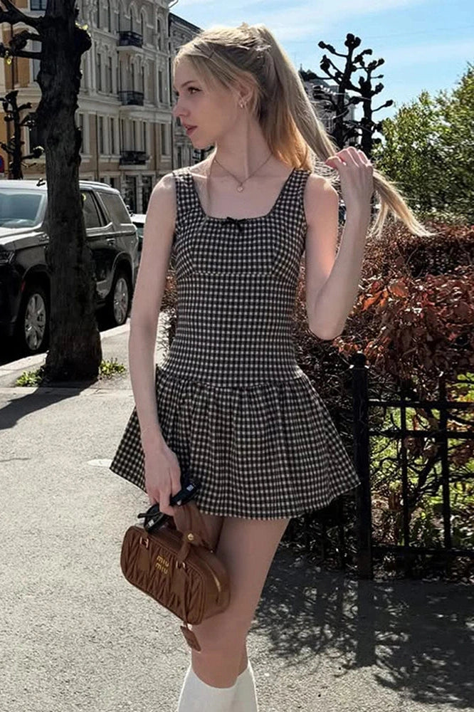 Glorol - Plaid Printed Square Collar A-Line Sleeveless High Waist Mini Dress
