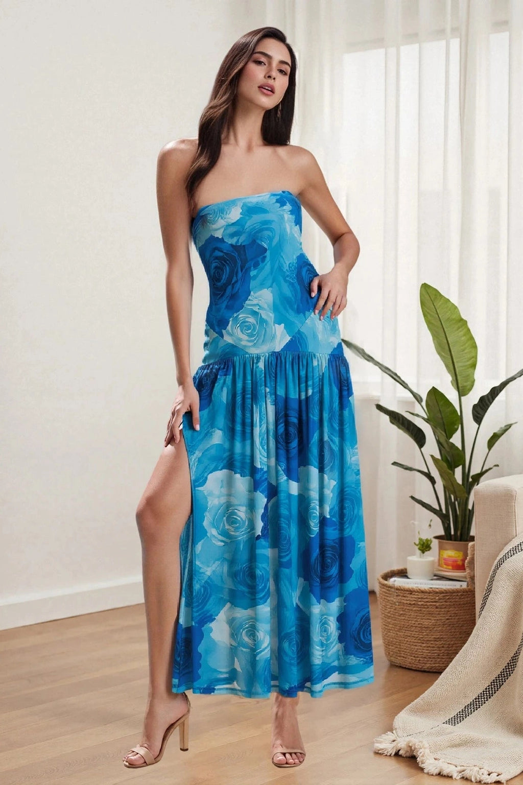 Glorol - Off Shoulder Slim High Split Sleeveless Maxi Dress