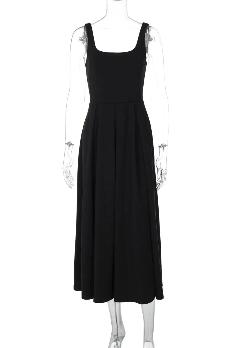 Glorol - Elegant Square Collar Sleeveless High Waist Pleated Maxi Dress
