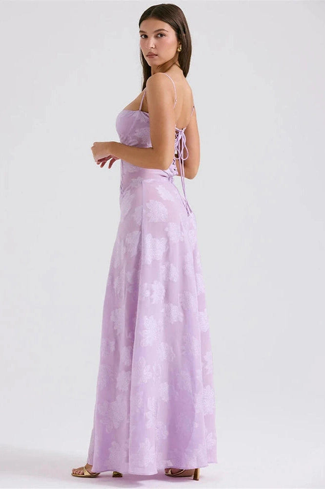 Glorol - Elegant Print Spaghetti Strap Sleeveless Backless Maxi Dress