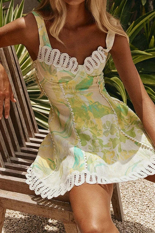 Glorol - Printed Lace Sleeveless High Waist A-Line Pleated Mini Dress