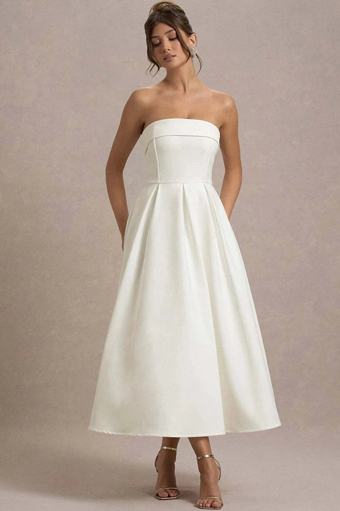 Glorol - Off-Shoulder Strapless Sleeveless Backless High Waist A-Line Midi Dress
