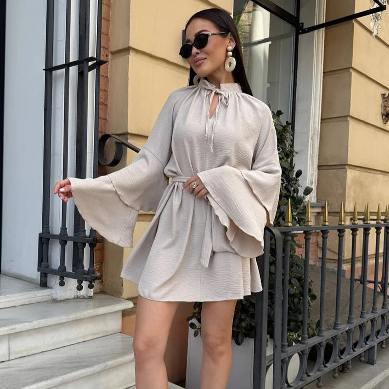 Glorol - Elegant V-Neck Lace Up Pleated Mini Dress