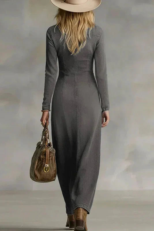 V-Neck Long Sleeve Single Breasted Slim Maxi Dress