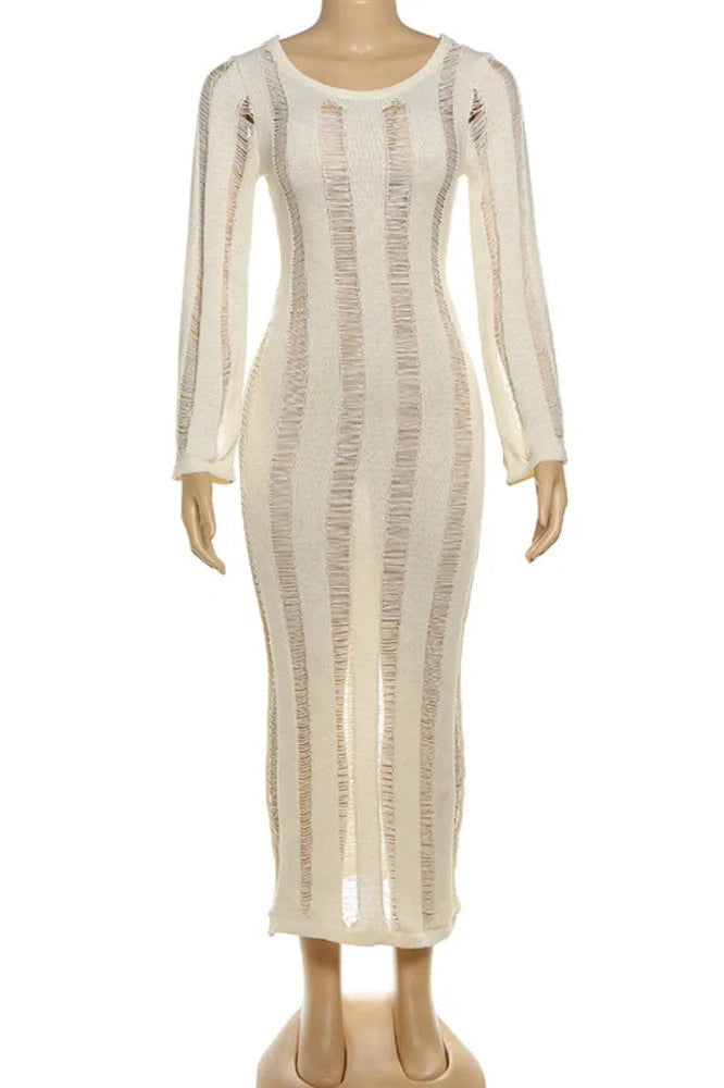 Glorol - Hollow Out Backless Long Sleeve Knit Bodycon Maxi Dress