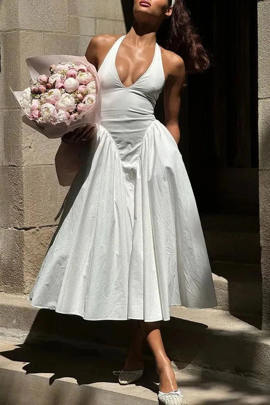 Glorol - Deep V Neck High Waist Backless Midi Dress