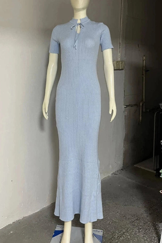 Glorol - Hollow-Out Short Sleeve Knitted Slim High Waist Maxi Dress
